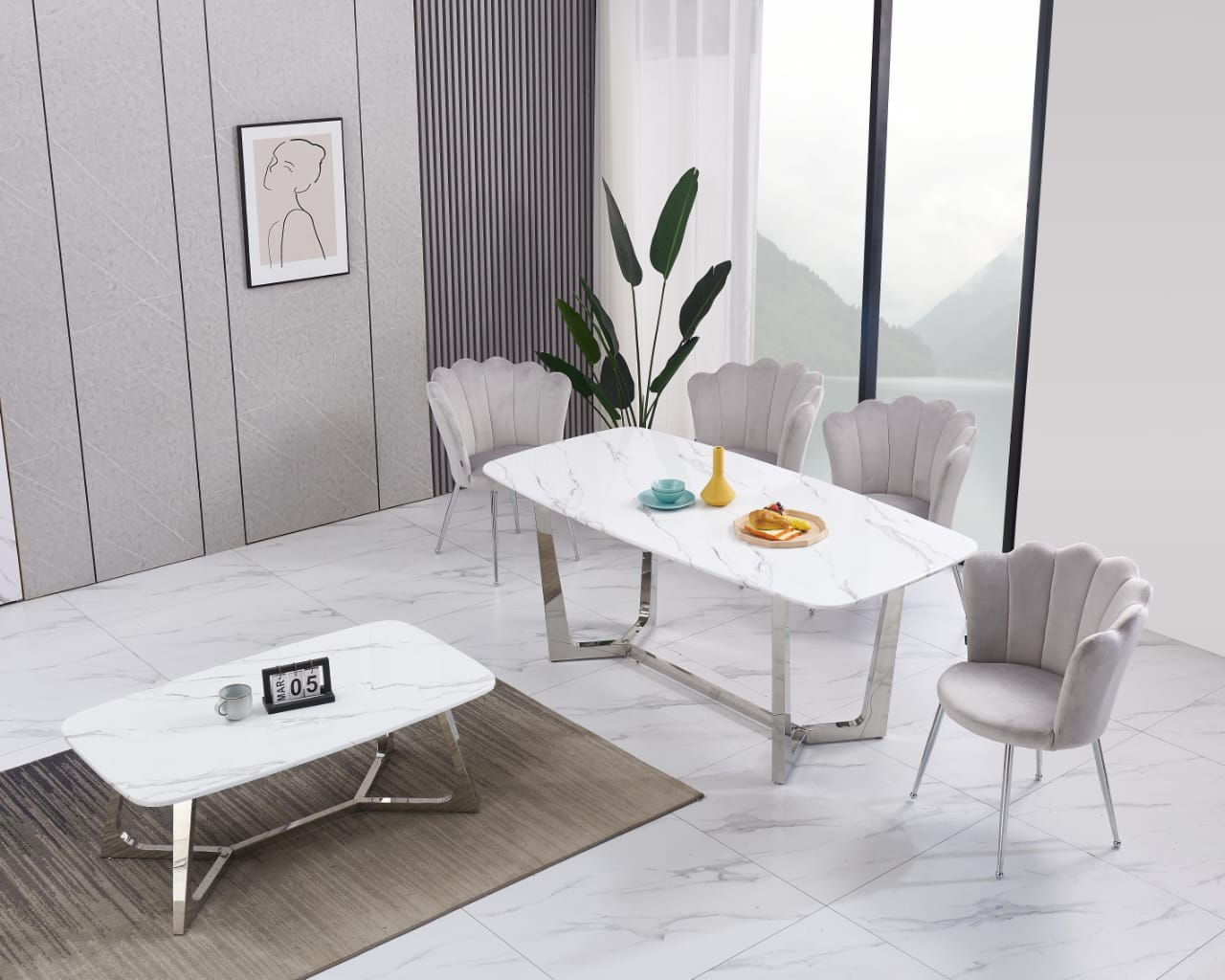 Ensemble de table à manger en marbre blanc chrome et Chaises en velours gris avec pieds argentés - Meublei