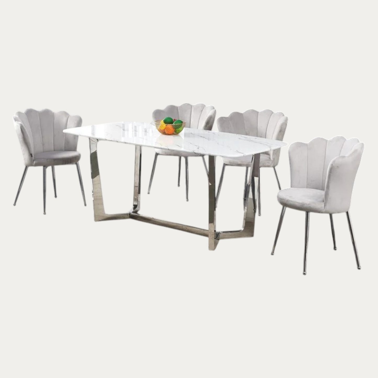 Ensemble de table à manger en marbre blanc chrome et 4 Chaises en velours gris avec pieds argentés - Meublei