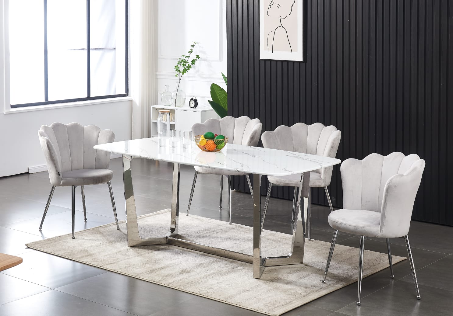 Ensemble de table à manger en marbre blanc chrome et Chaises en velours gris avec pieds argentés - Meublei