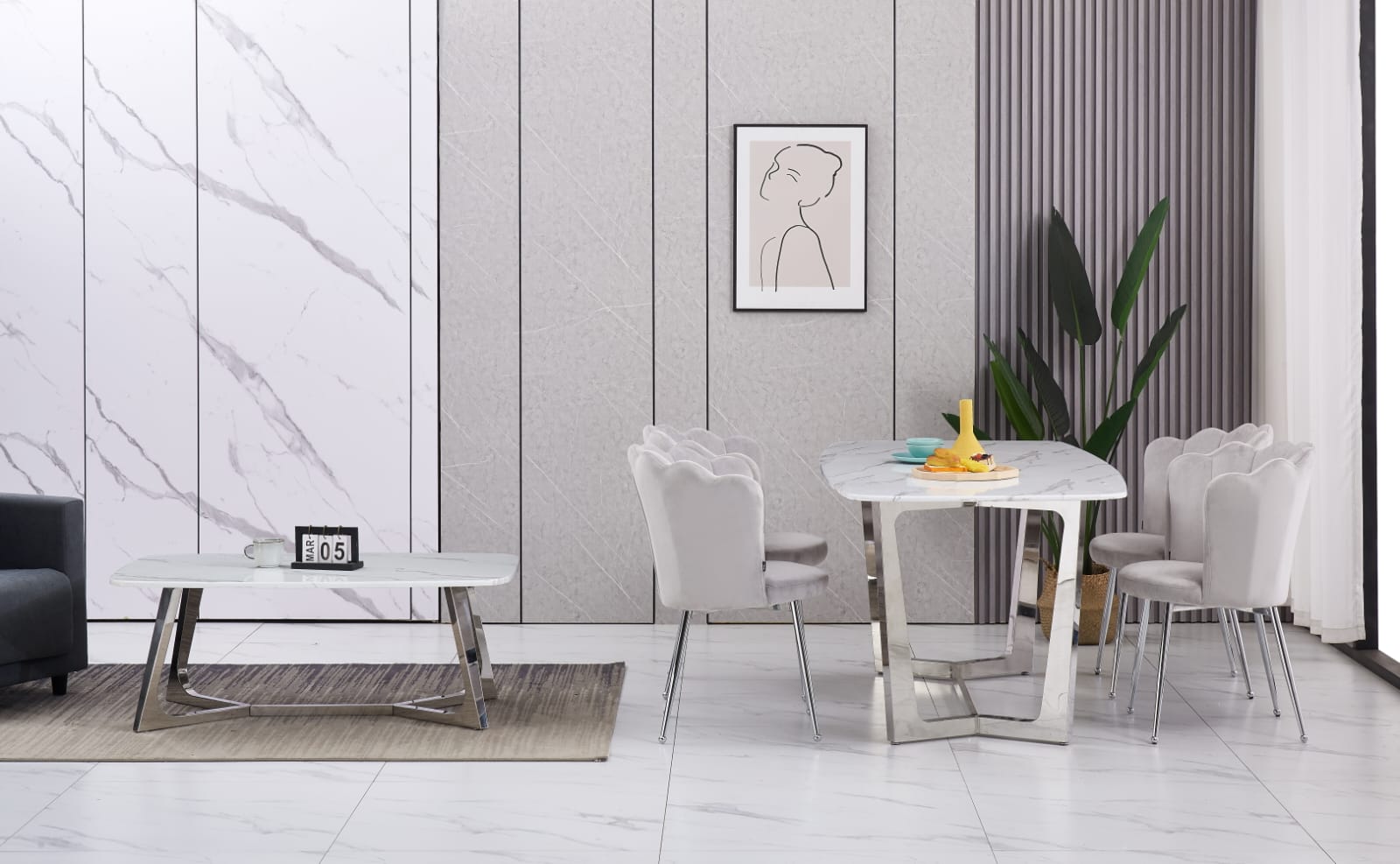 Ensemble de table à manger en marbre blanc chrome et Chaises en velours gris avec pieds argentés - Meublei