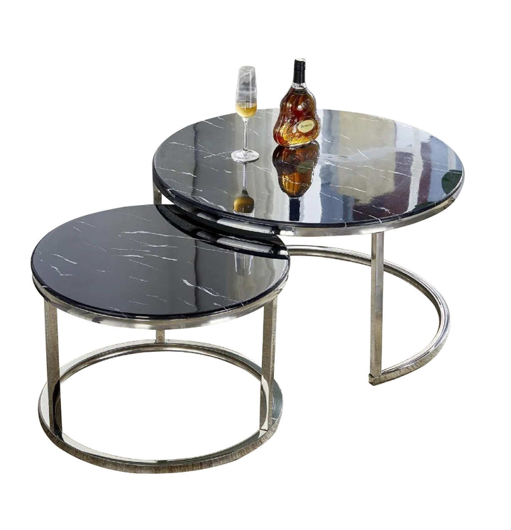 Table Basse ronde plateau marbre noir pieds argentée en acier inoxydable
