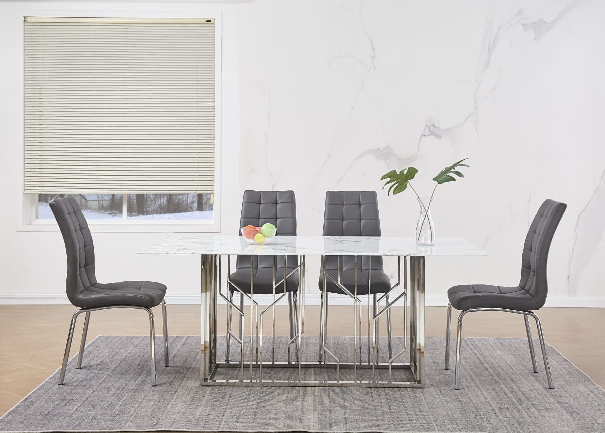 Ensemble de table à Manger argenté en Marbre Blanc ET 4 Chaises Similicuir Gris - Meublei