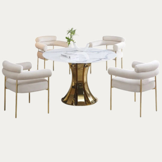 Ensemble de table à Manger Ronde  marie en Céramique Marbre Blanc et 4 Chaises en Velours Beige avec Pieds Dorés - Meublei