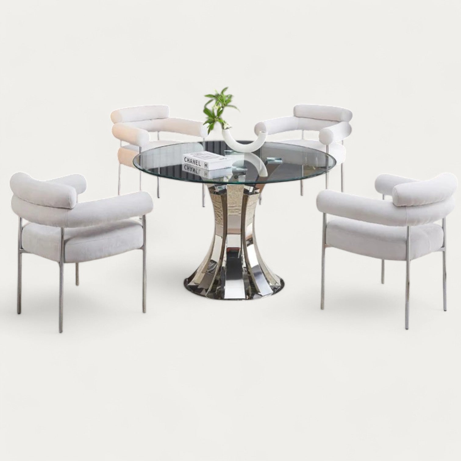 Ensemble de table à manger  Ronde en verre et 4 chaises en Velours Beige avec Pieds argenté - Meublei