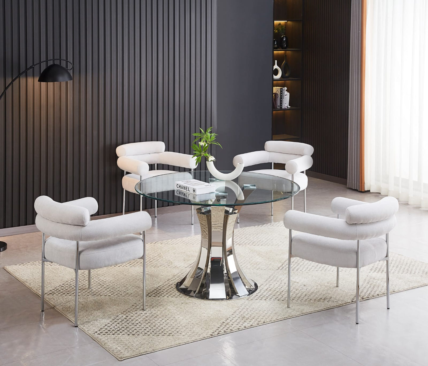 Table à Manger Ronde Livia Plateau transparent  plus Chaises Luna en Velours Beige avec Pied argenté - Meublei