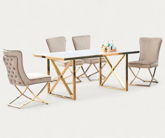 Ensemble de table  à Manger en Marbre Blanc et 4 Chaises en Velours Beige - Meublei