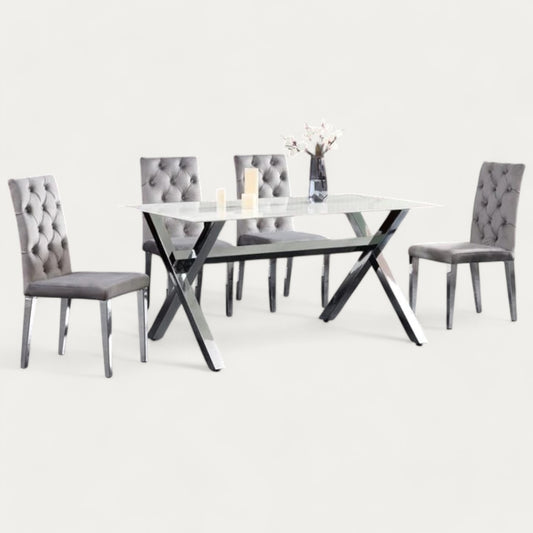 Ensemble de table à Manger en Marbre Blanc et 6 Chaises Capitonnées Ecru - Meublei