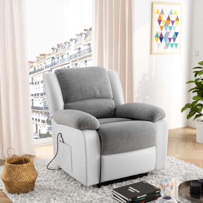 Fauteuil de relaxation électrique 9121 releveur, massant et chauffant en microfibre et simili - Meublei