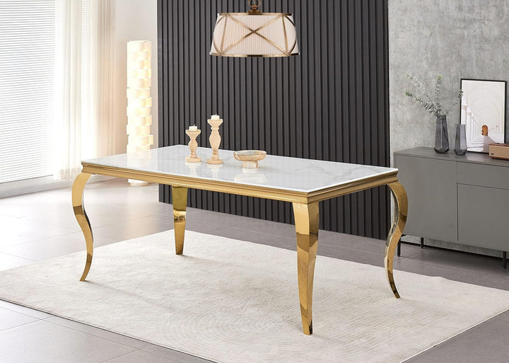 Table à manger baroque marbre blanc structure dorée