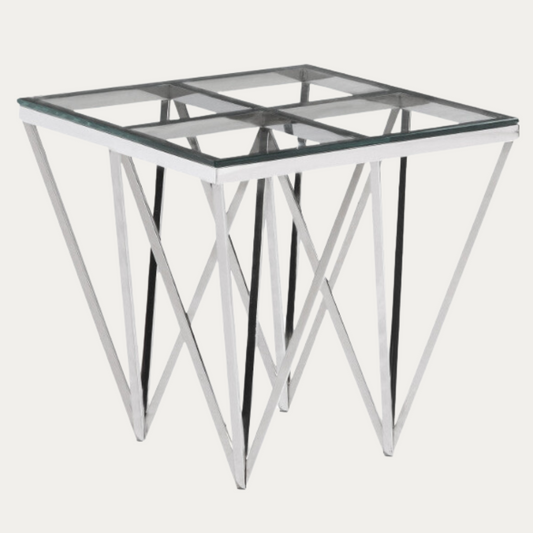 Table d'appoint design en acier inoxydable poli argenté et plateau en verre trempé transparent L. 55 x P. 55 x H. 52 cm collection VERONA - Meublei