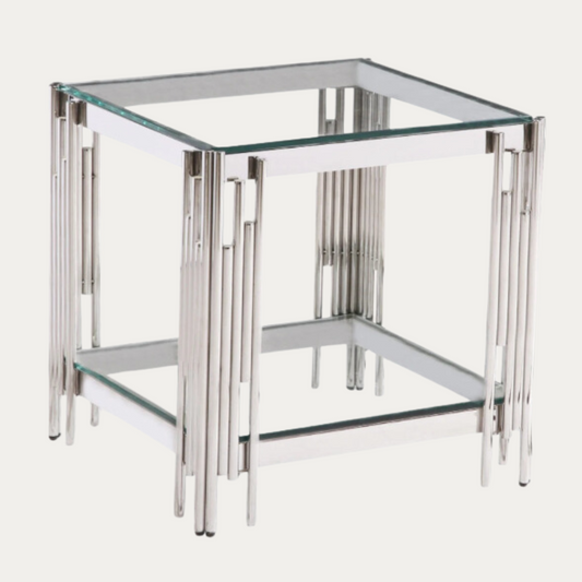 Table d'appoint design en acier inoxydable poli argenté et plateau en verre trempé transparent L. 55 x P. 55 x H. 55 cm collection MILANO - Meublei