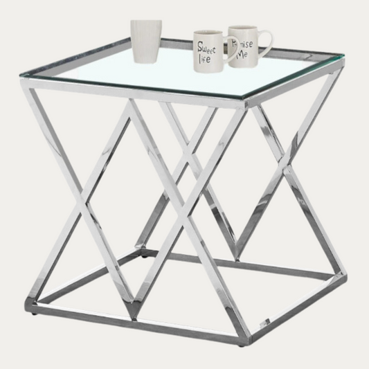 Table d'appoint design en acier inoxydable poli argenté et plateau en verre trempé transparent L. 55 x P. 55 x H. 55 cm collection ROMA - Meublei