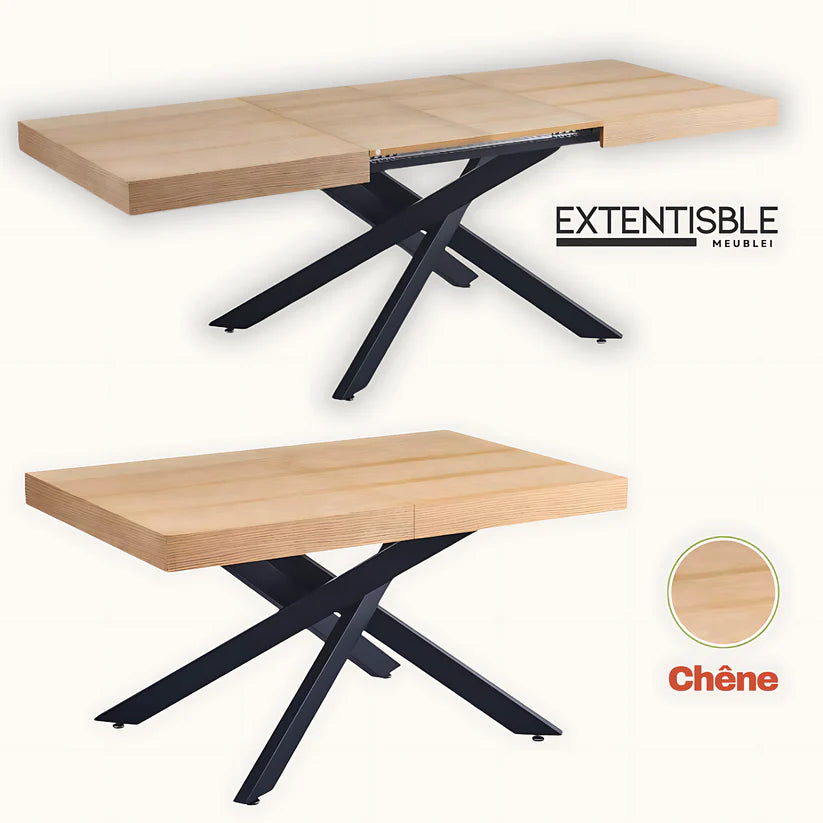 Table Extensible à Rallonge en Bois et Chêne avec Métal Noir