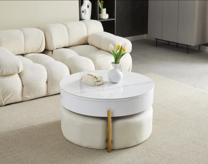 Table basse céramique en marbre blanc avec coffre et poufs