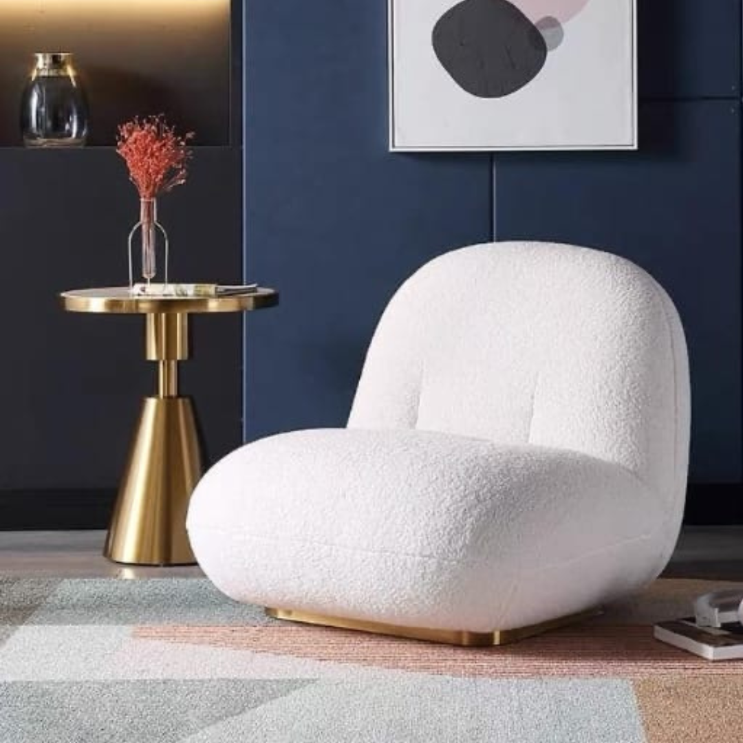 Fauteuil CLOUD en laine bouclé blanc et piétement en acier doré rotatif - Meublei