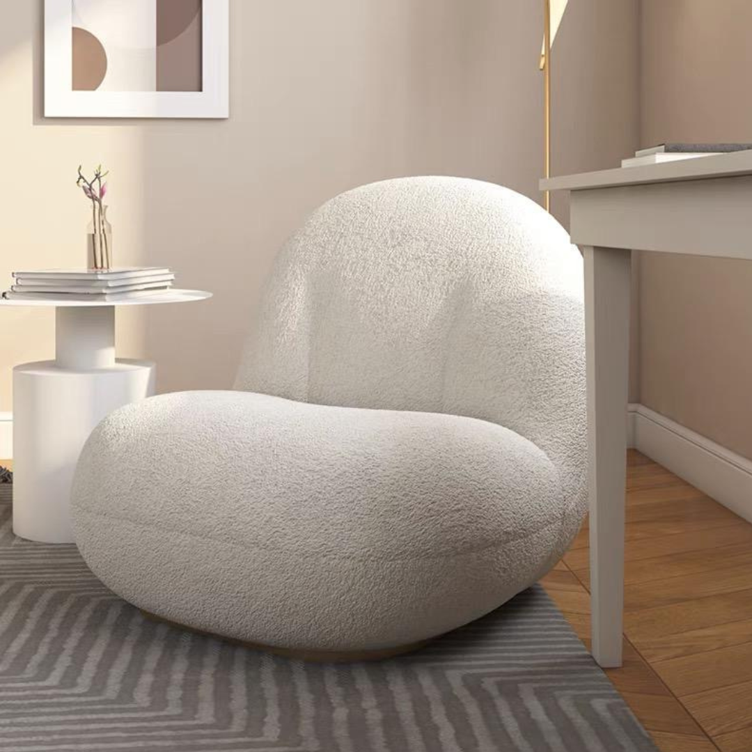 Fauteuil CLOUD en laine bouclé blanc et piétement en acier doré rotatif - Meublei