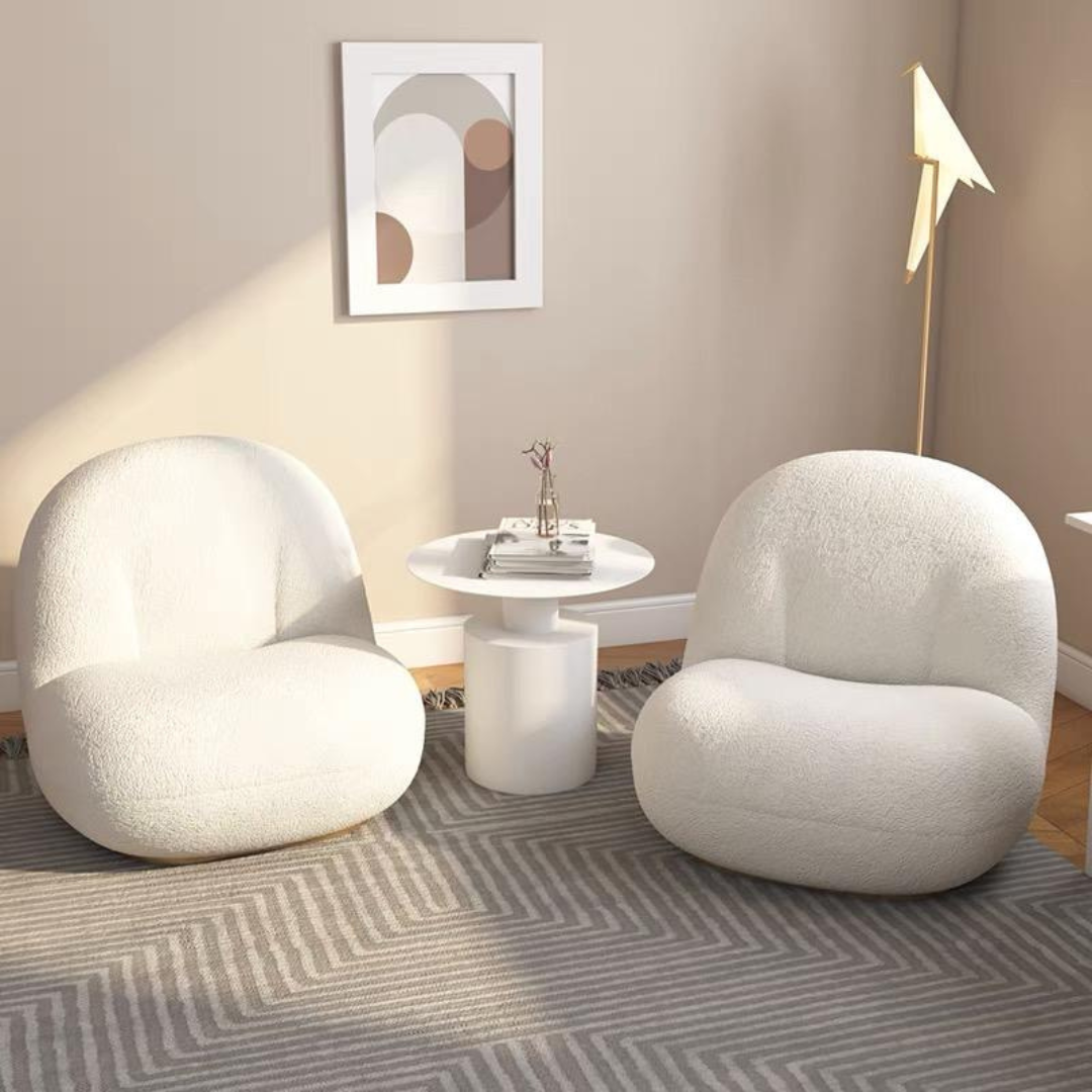 Fauteuil CLOUD en laine bouclé blanc et piétement en acier doré rotatif - Meublei