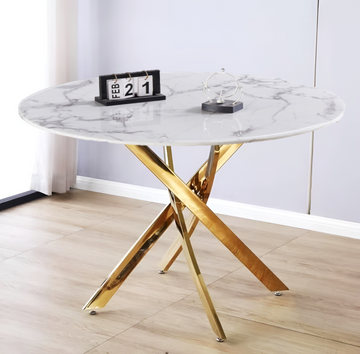 Table à manger ronde marbre Blanc et pieds dorés