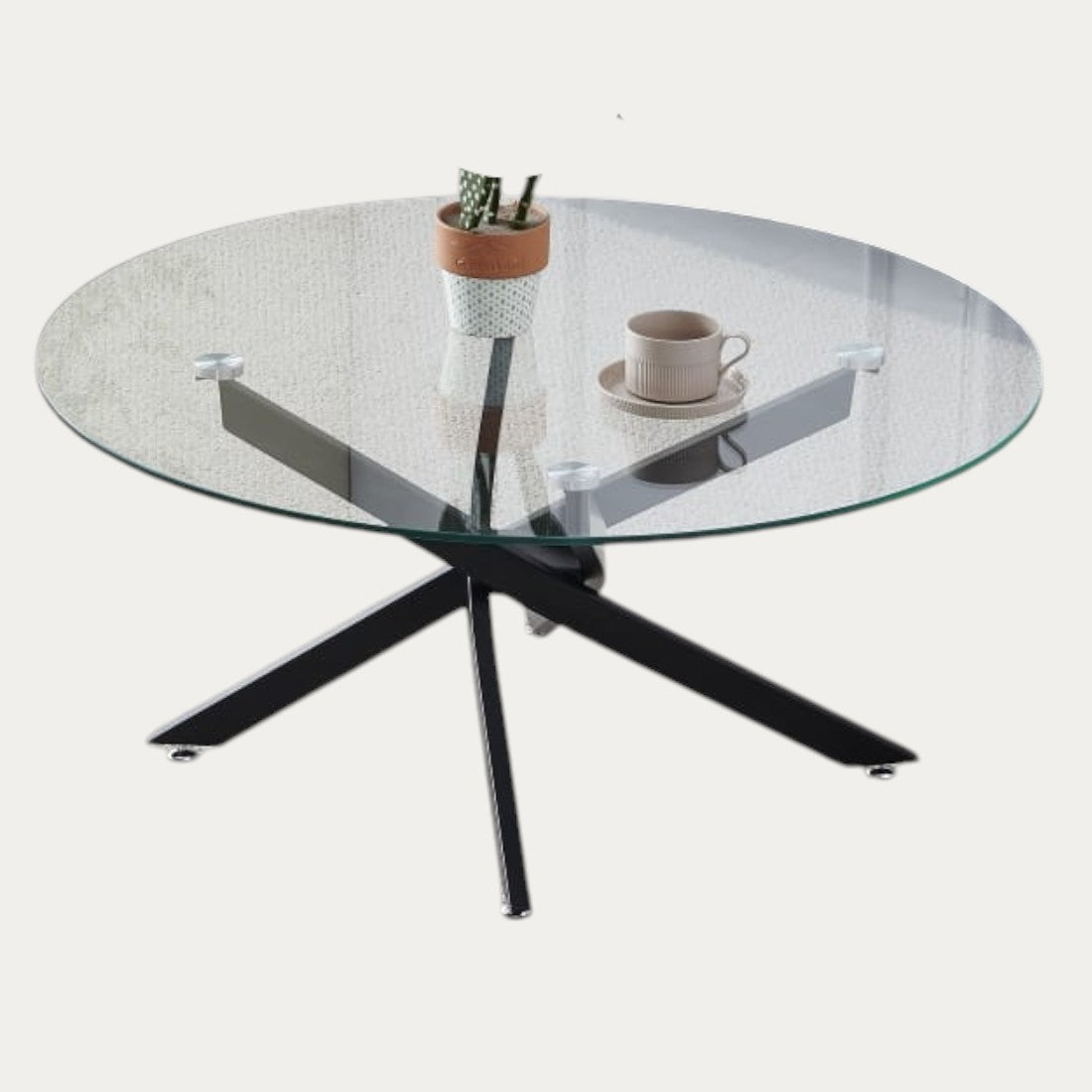 Table basse avec plateau transparent, blanc et gris et pieds noirs - Meublei