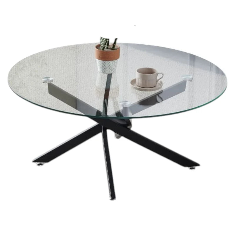 Table basse avec plateau transparent, blanc et gris et pieds noirs