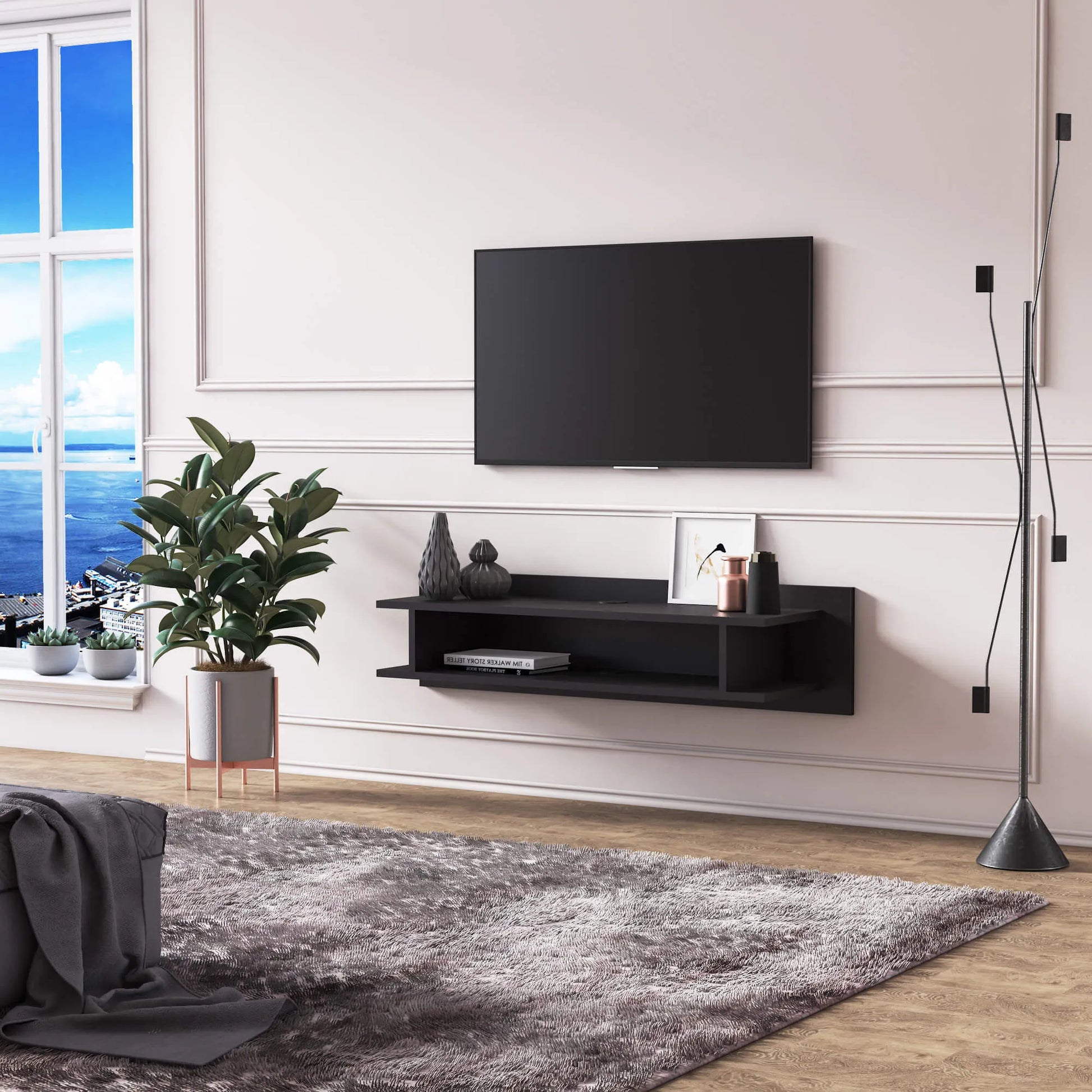 Meuble TV Suspendu OSCARO en bois couleur noir 120 cm avec rangement - Meublei