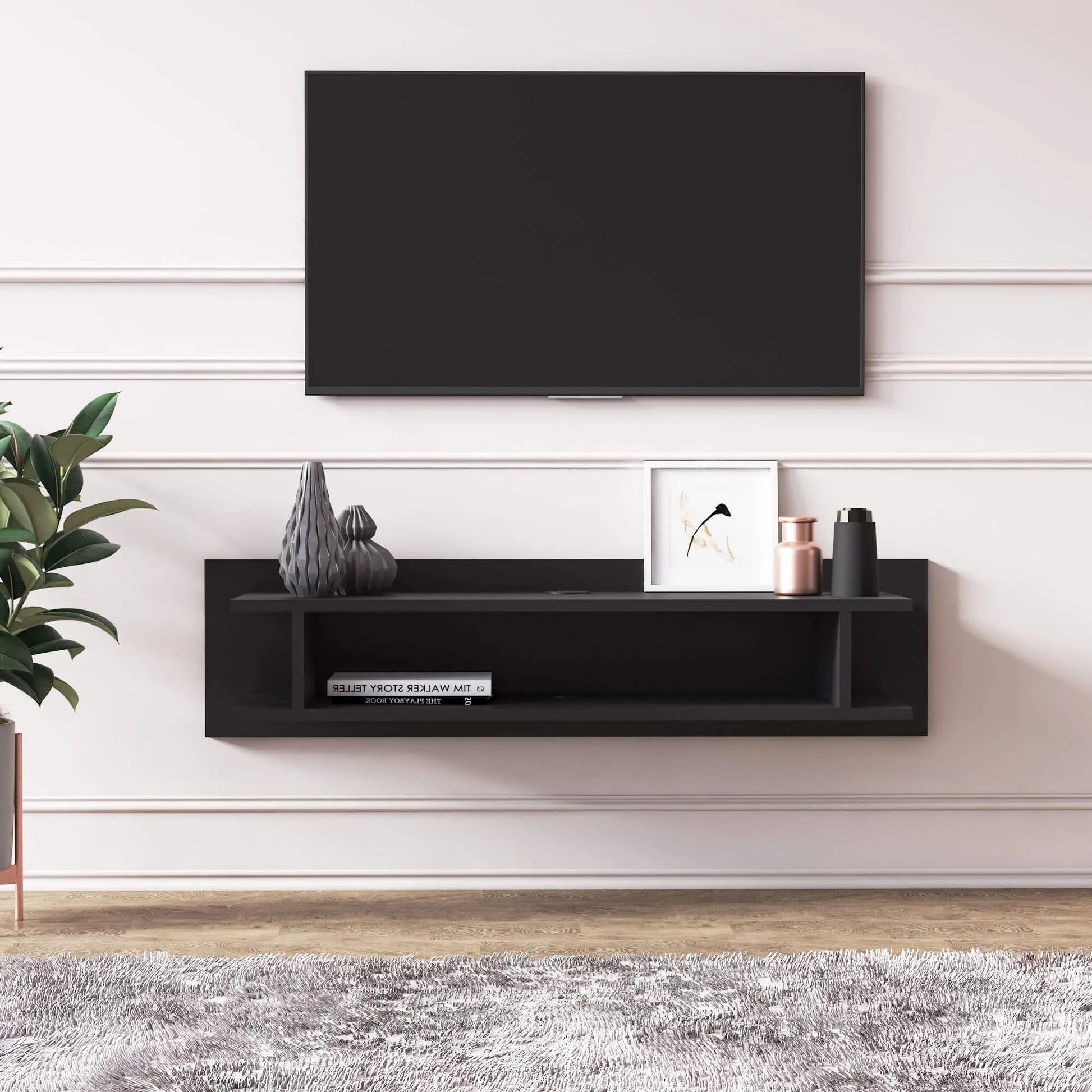 Meuble TV Suspendu OSCARO en bois couleur noir 120 cm avec rangement - Meublei