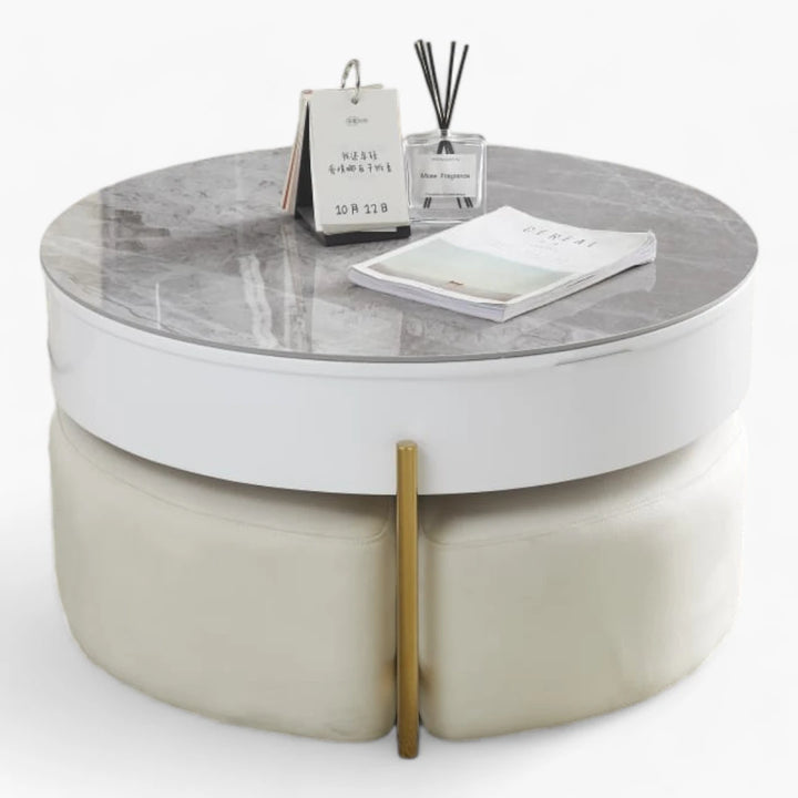 Table basse céramique en céramique avec coffre et poufs