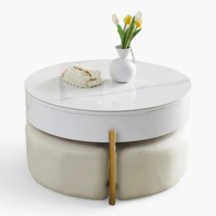 Table basse céramique en marbre blanc avec coffre et poufs