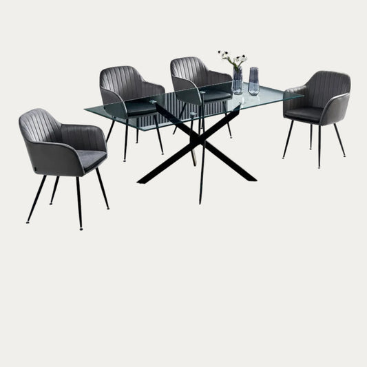 Table repas verre transparent métal noir et 4 chaises verlous gris anthracite - Meublei