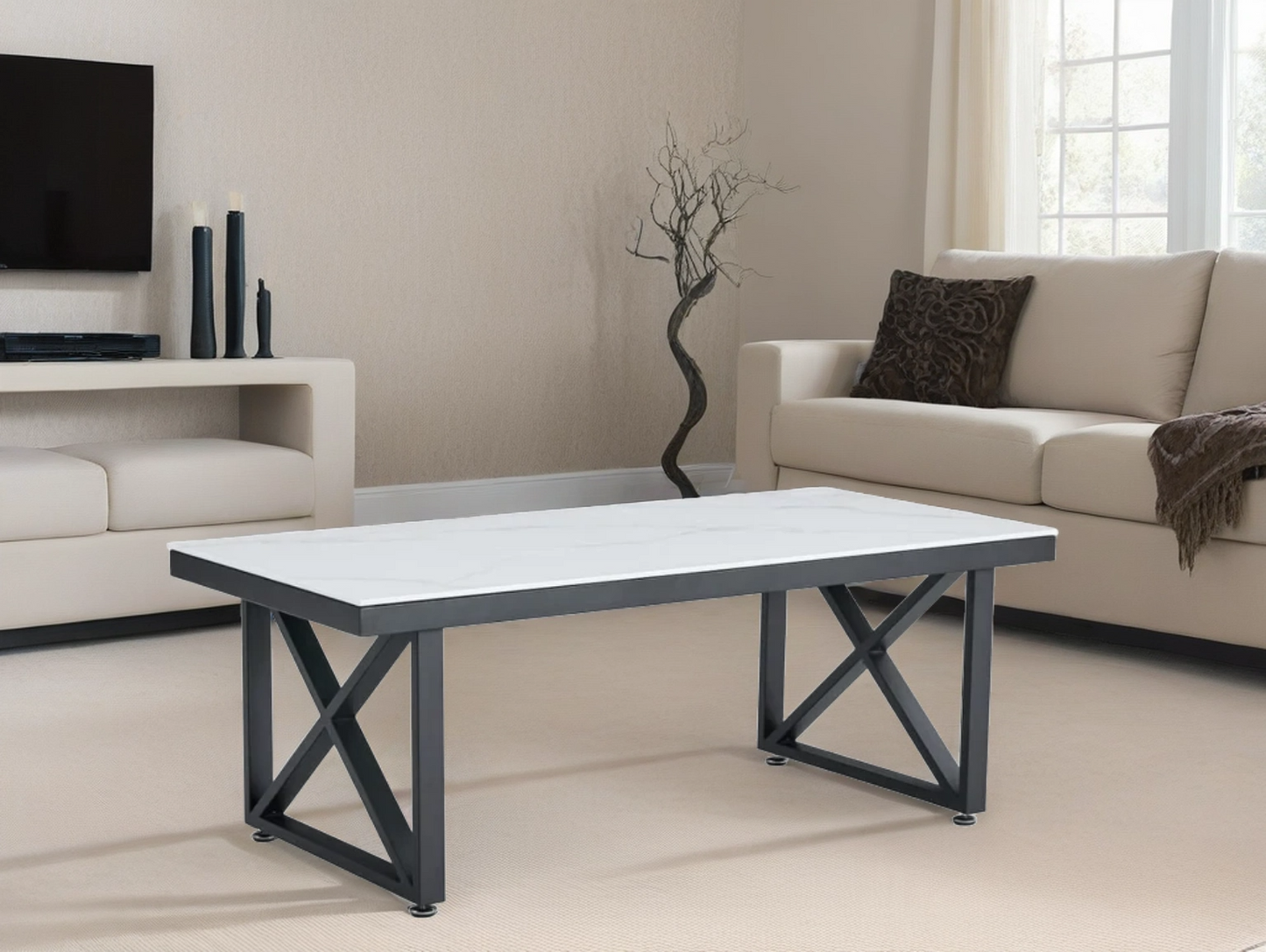 Table Basse Plateau en Marbre Blanc ou Noir avec Pieds Métalliques - Meublei