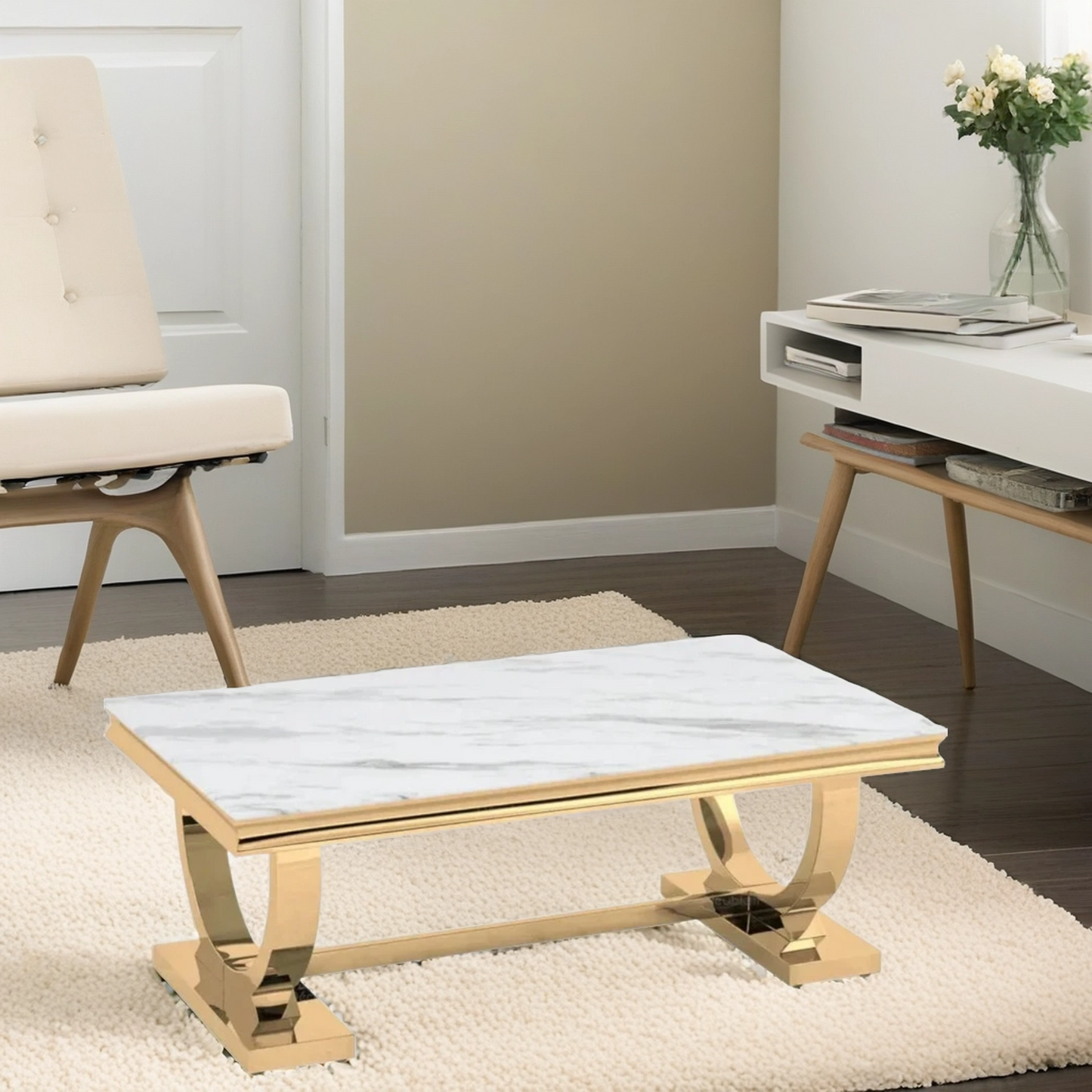 Table basse Plateau en marbre blanc avec structure en acier inoxydable doré ou chromé - Meublei