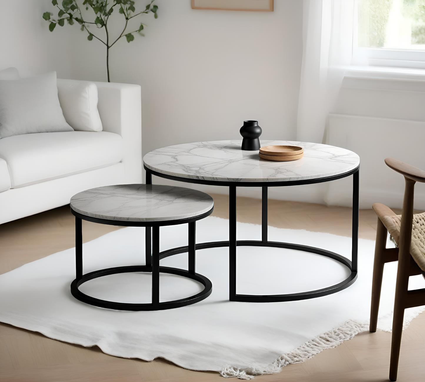 Lot de deux tables basses véritable pièrre céramique marbre métal noir - Meublei