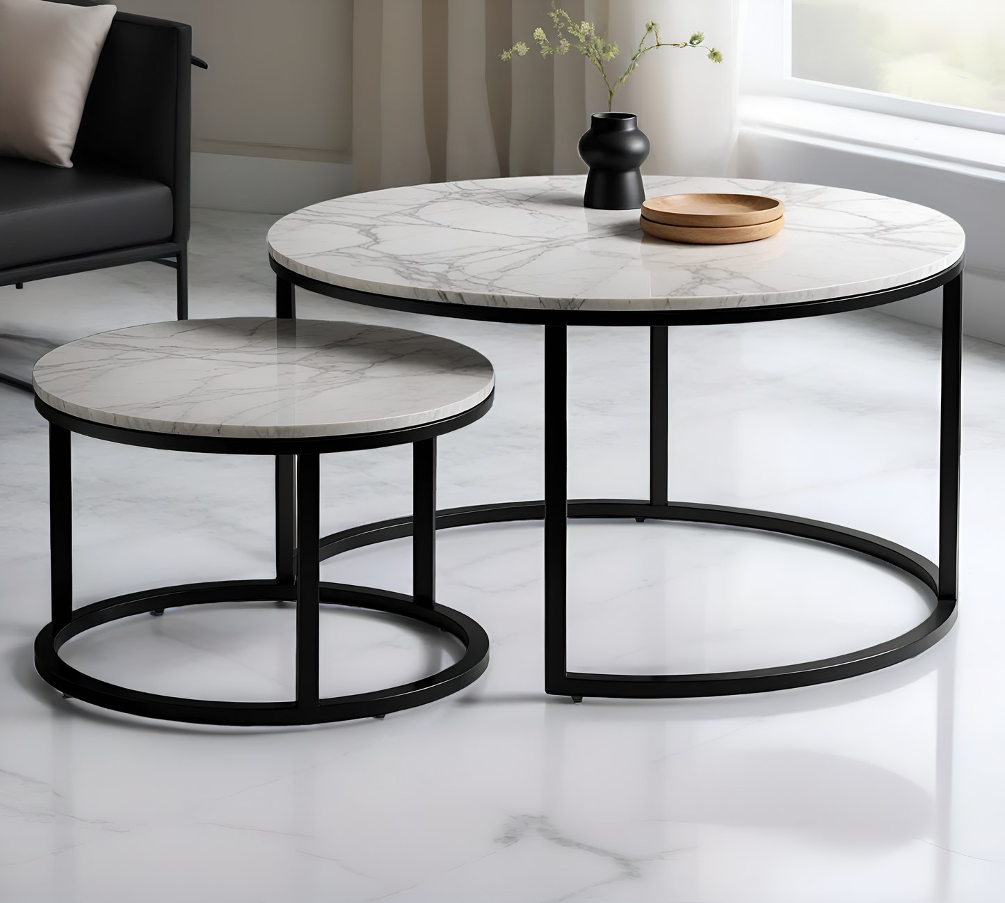 Lot de deux tables basses véritable pièrre céramique marbre métal noir - Meublei