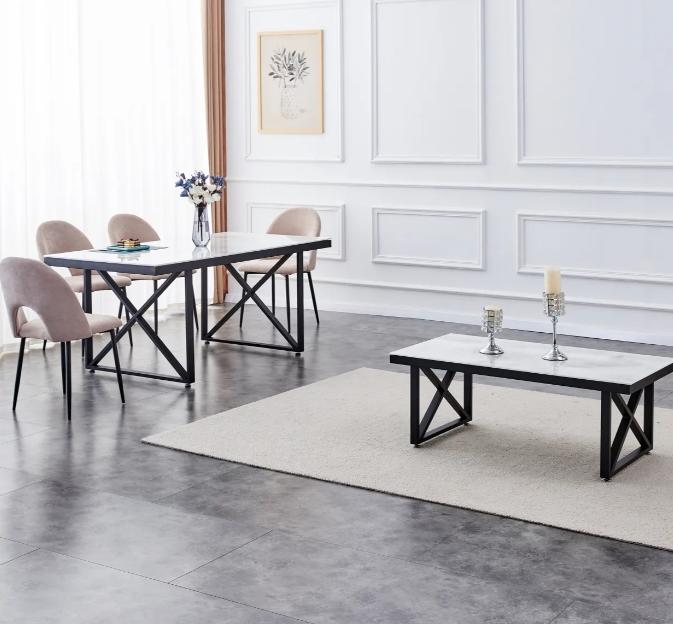 Ensemble table de repas et 6 chaises Levanto - Plateau en marbre beige, pieds en métal noir - Meublei