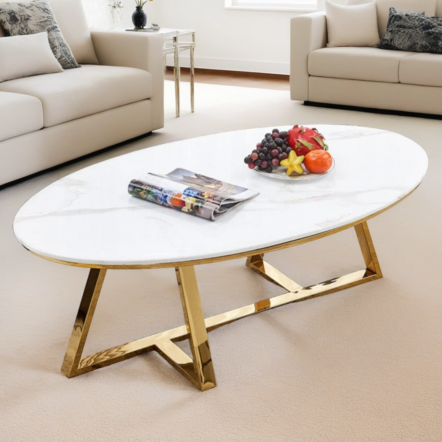 Table Basse ovale véritable Marbre structure métal 120x60×45 Cm - Meublei