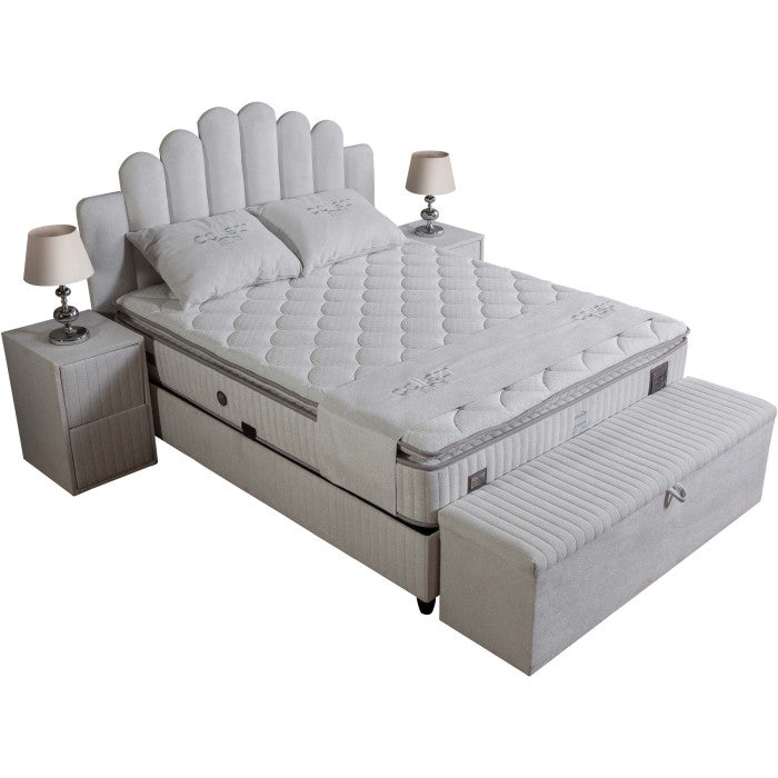 Ensemble de lit coffre ATHENA en tissu bouclette blanc avec matelas à ressorts - Meublei