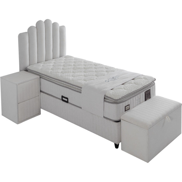 Ensemble de lit coffre ATHENA en tissu bouclette blanc avec matelas à ressorts - Meublei