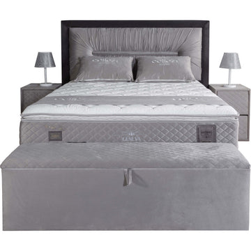 Banc bout de lit coffre avec rangement coloris gris design en velours L. 150 x P. 41 x H. 45 cm collection GENEVA