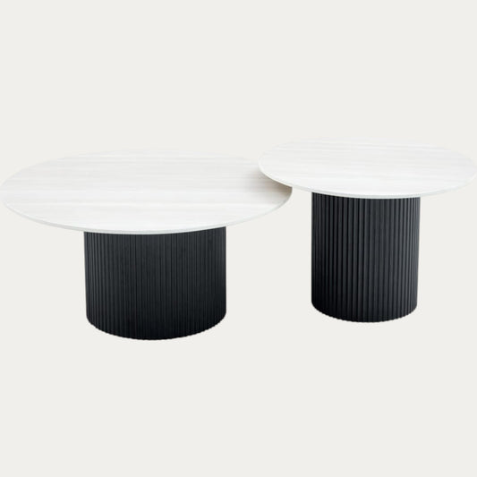 Table de basse  plateau bois blanc ou travertin mat avec Piétement noir ou blanc - Meublei