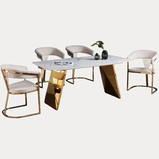 Ensemble Table à Manger et Chaises en Velours avec Piètement en Acier Gold - Meublei