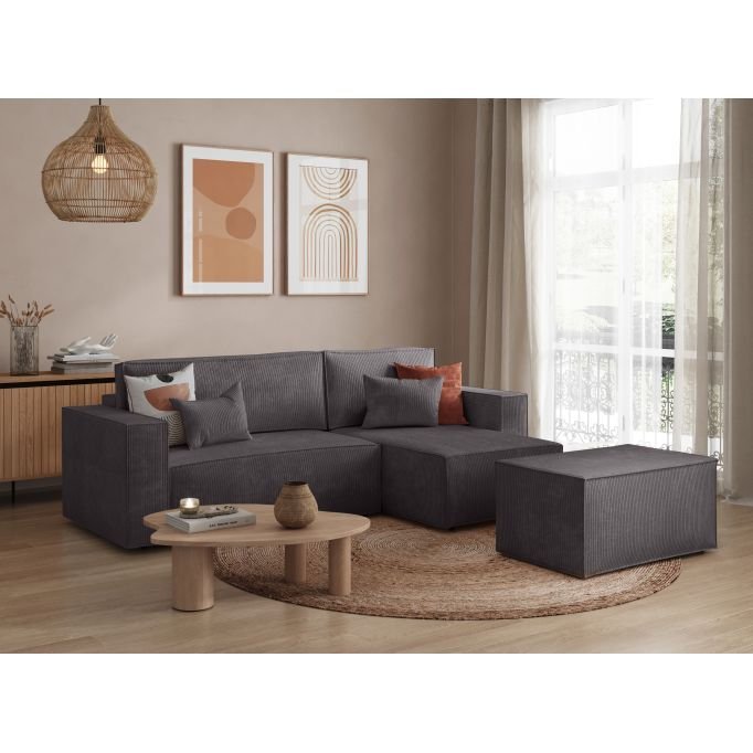 Canapé d'angle CATTERINA convertible réversible avec pouf en velours côtelé - Meublei