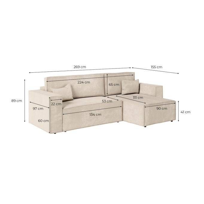 Canapé d'angle CATTERINA convertible réversible avec pouf en velours côtelé - Meublei