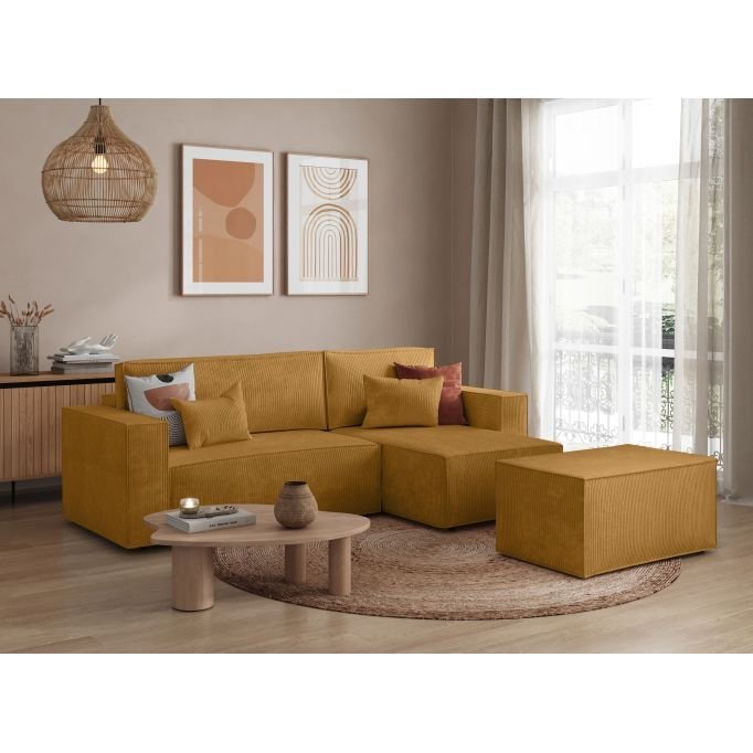 Canapé d'angle CATTERINA convertible réversible avec pouf en velours côtelé - Meublei