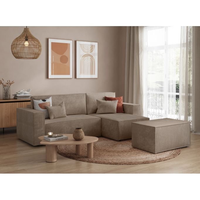 Canapé d'angle CATTERINA convertible réversible avec pouf en velours côtelé - Meublei