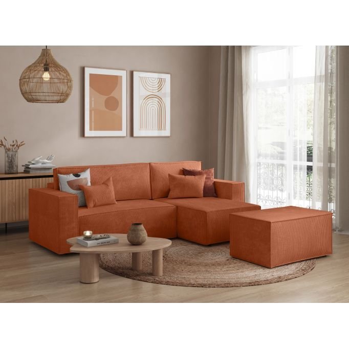 Canapé d'angle CATTERINA convertible réversible avec pouf en velours côtelé - Meublei