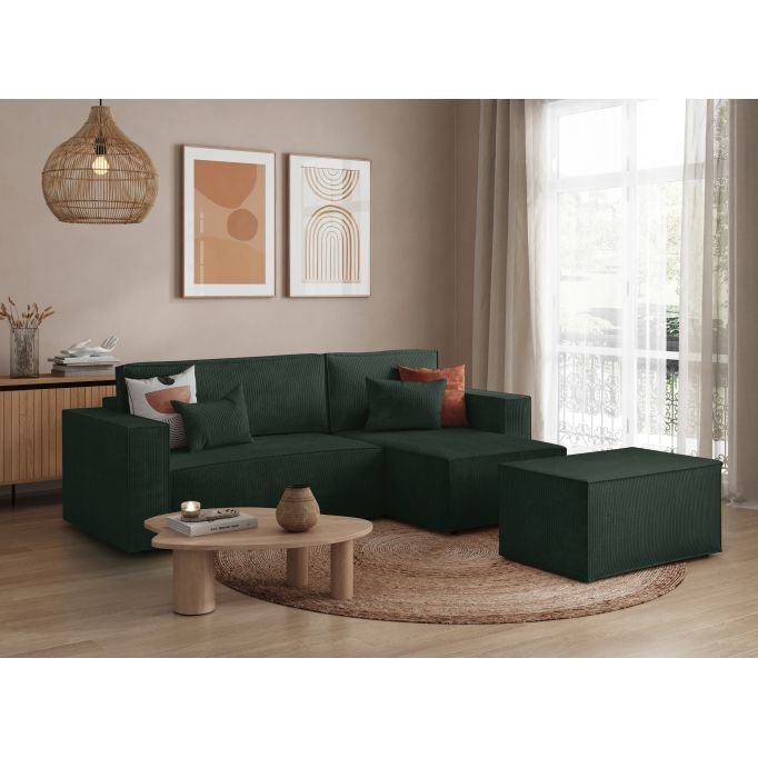 Canapé d'angle CATTERINA convertible réversible avec pouf en velours côtelé - Meublei