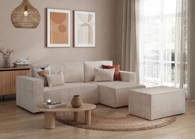 Canapé d'angle CATTERINA convertible réversible avec pouf en velours côtelé - Meublei