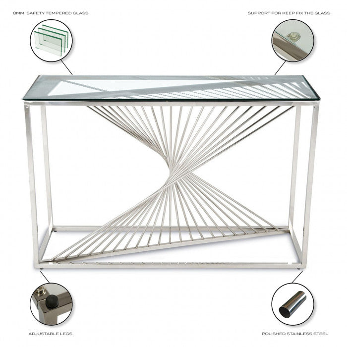 Console design piètement en acier inoxydable poli argenté et plateau en verre trempé transparent L. 120 x P. 40 x H. 78 cm collection BOLZANO