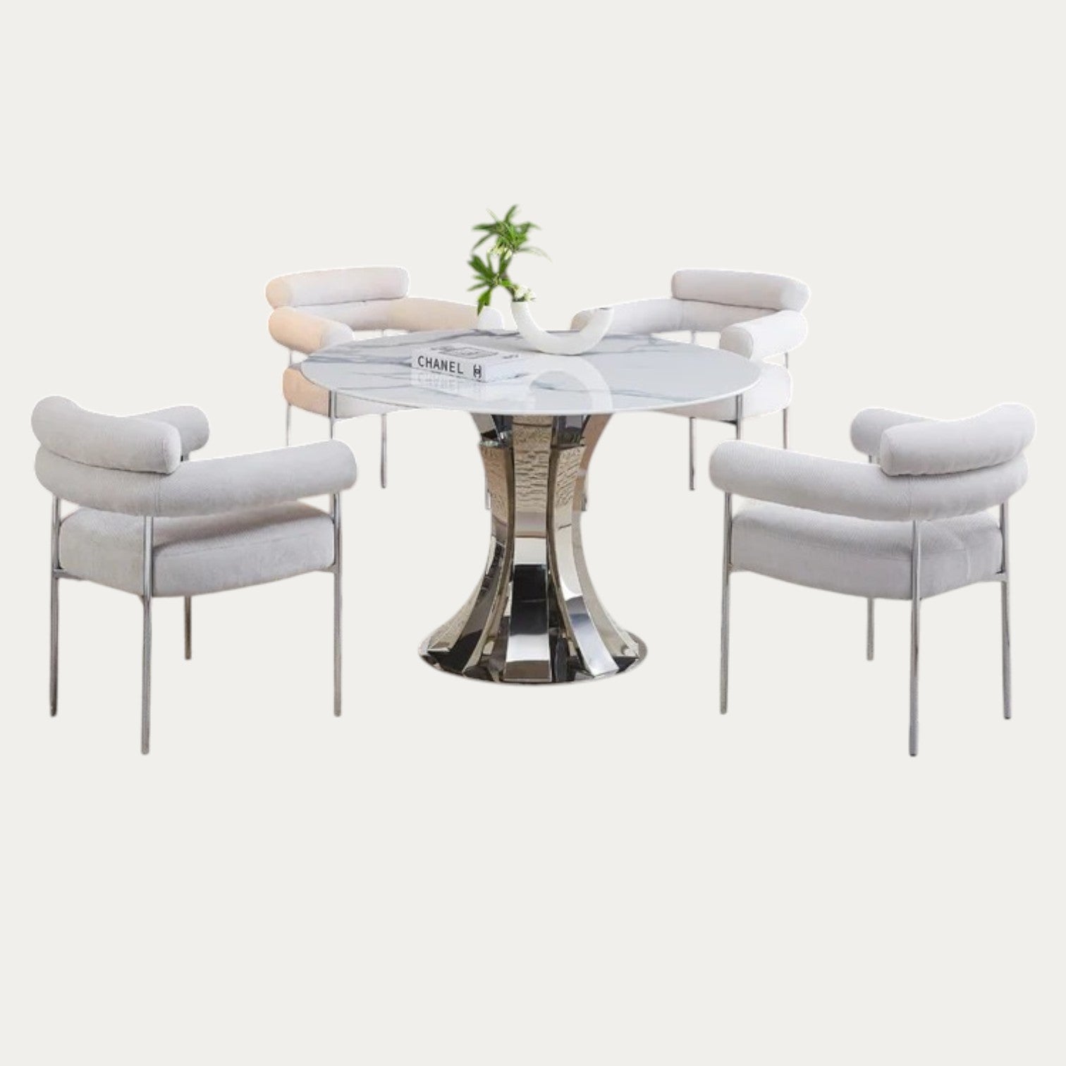 Ensemble de table à manger  Ronde marie  Céramique Marbre Blanc et 4 chaises en Velours Beige avec Pieds argenté - Meublei