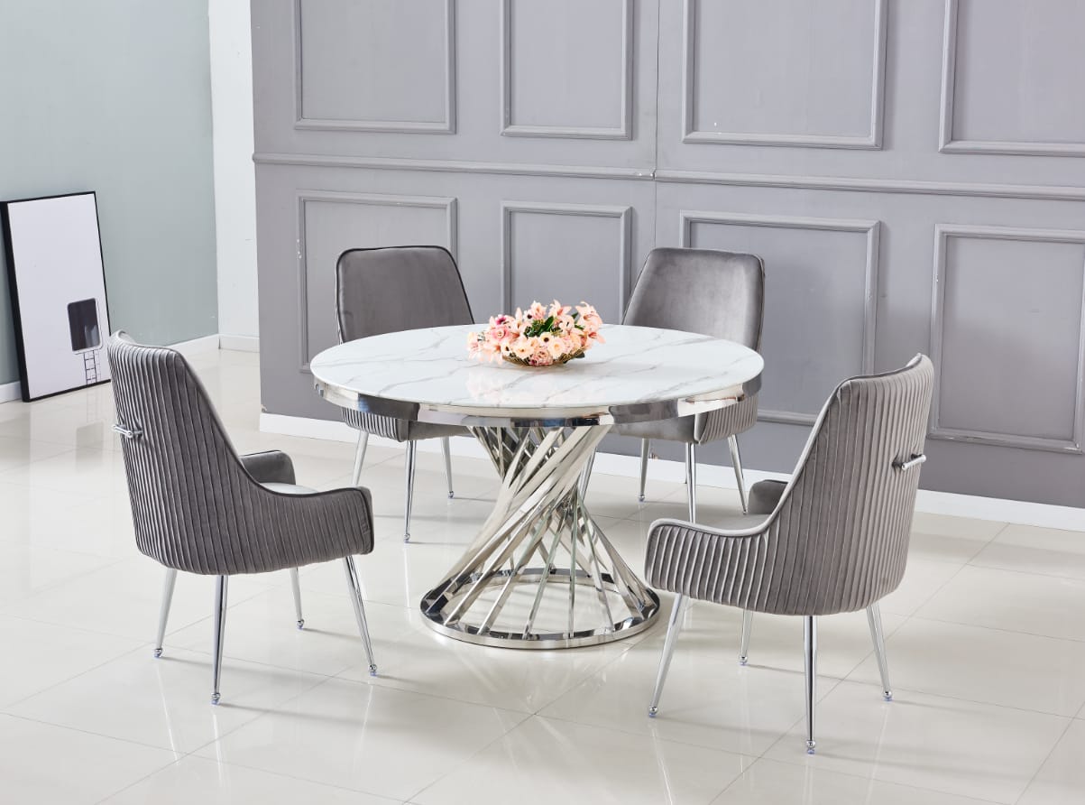 Ensemble Table à Manger en Marbre Blanc et Chaises en Velours Gris avec Pieds argenté - Meublei